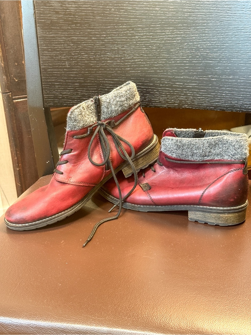 Remonte Burgundy Leather Ankle Boots Gray Felt Collar Lace Zip EU 41 US 10